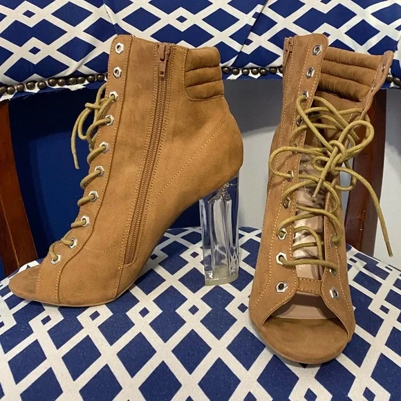 Light brown wheat lace up ankle high open toe clear heel booties size 9.5 - Picture 1 of 8